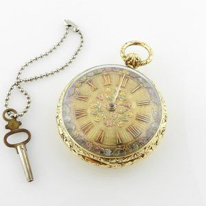 Verge Crown Wheel Key Winding 18K Yellow Gold Ornate Pocket Watch #8013